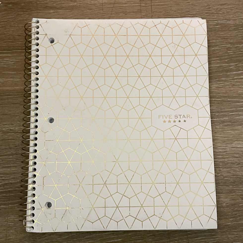 A white notebook with a golden pattern on the front